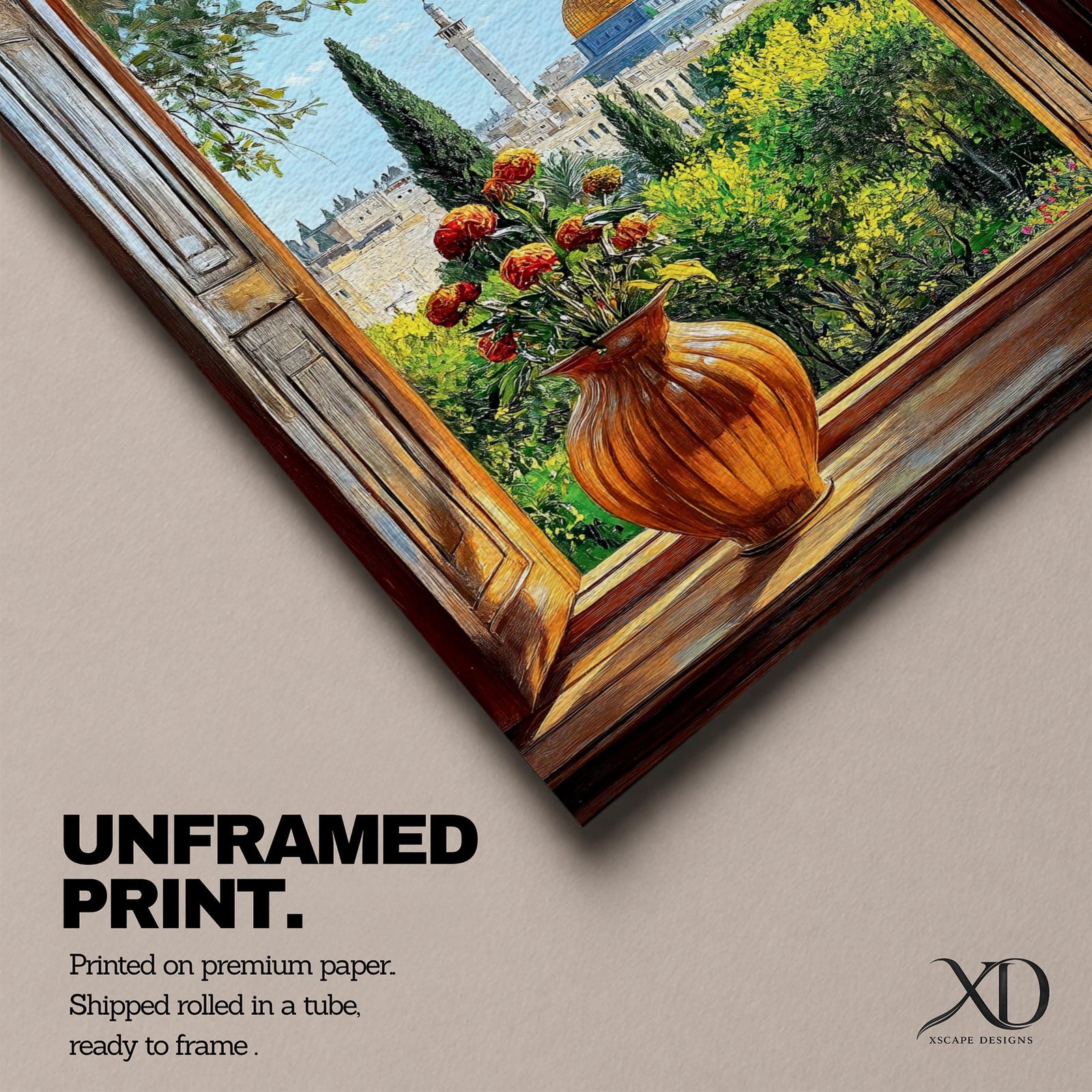 Painting of the Dome of the Rock in Jerusalem viewed through an open wooden window with a vase of flowers on the sill, overlooking green gardens and the golden dome rising above the historic Islamic shrine.