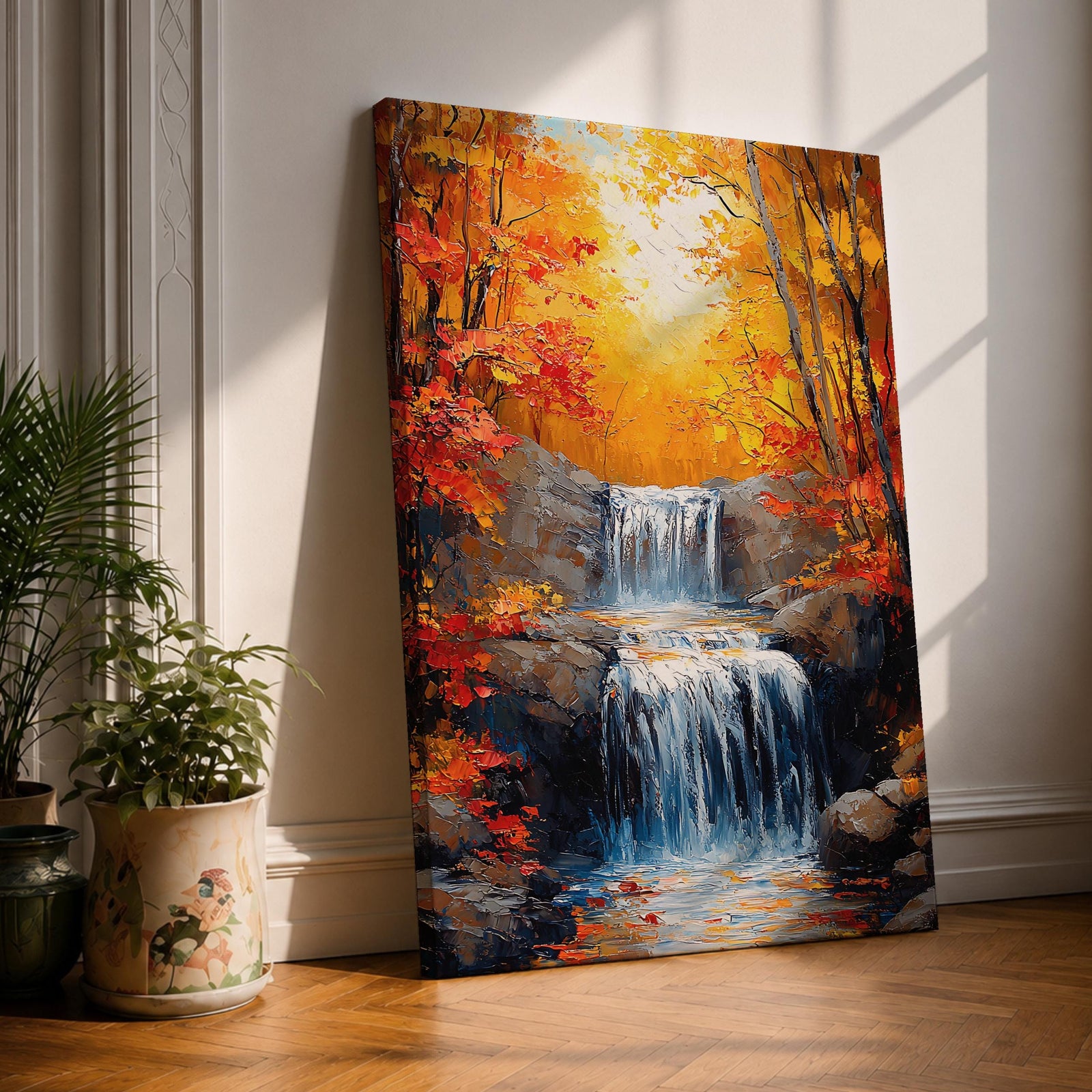 A framed canvas painting of a Autumn waterfall cascading over rocks surrounded by lush fall forest foliage, rendered in a realistic style with detailed water flow and natural elements, capturing the serene beauty of a fall forest landscape.