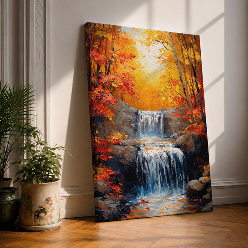 A framed canvas painting of a Autumn waterfall cascading over rocks surrounded by lush fall forest foliage, rendered in a realistic style with detailed water flow and natural elements, capturing the serene beauty of a fall forest landscape.