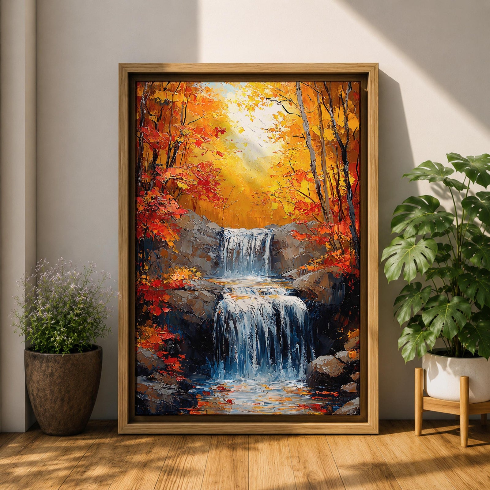 A framed canvas painting of a Autumn waterfall cascading over rocks surrounded by lush fall forest foliage, rendered in a realistic style with detailed water flow and natural elements, capturing the serene beauty of a fall forest landscape.