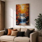 A framed canvas painting of a Autumn waterfall cascading over rocks surrounded by lush fall forest foliage, rendered in a realistic style with detailed water flow and natural elements, capturing the serene beauty of a fall forest landscape.