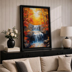 A framed canvas painting of a Autumn waterfall cascading over rocks surrounded by lush fall forest foliage, rendered in a realistic style with detailed water flow and natural elements, capturing the serene beauty of a fall forest landscape.