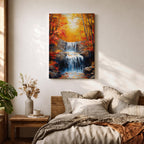 A framed canvas painting of a Autumn waterfall cascading over rocks surrounded by lush fall forest foliage, rendered in a realistic style with detailed water flow and natural elements, capturing the serene beauty of a fall forest landscape.