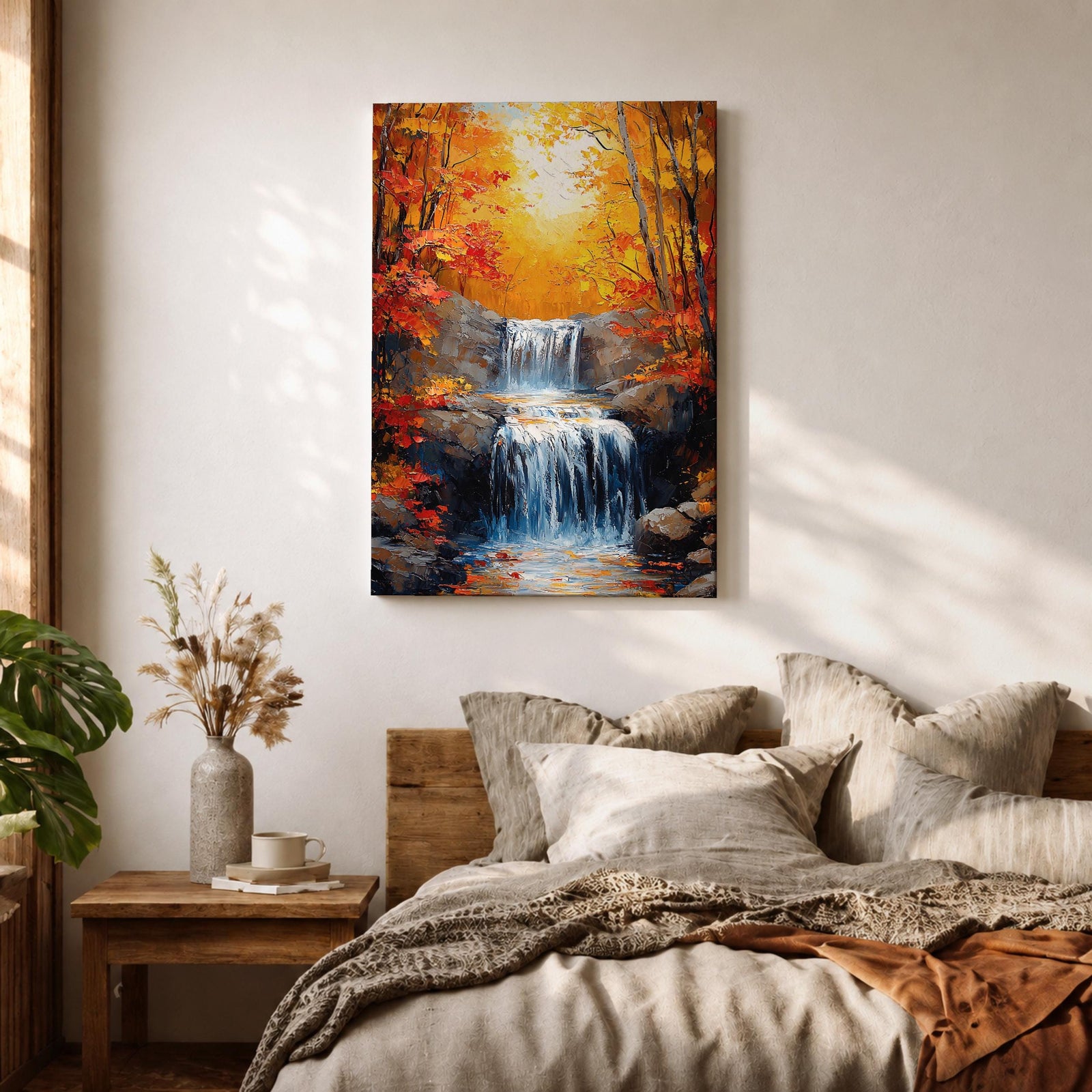 A framed canvas painting of a Autumn waterfall cascading over rocks surrounded by lush fall forest foliage, rendered in a realistic style with detailed water flow and natural elements, capturing the serene beauty of a fall forest landscape.