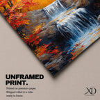 A framed canvas painting of a Autumn waterfall cascading over rocks surrounded by lush fall forest foliage, rendered in a realistic style with detailed water flow and natural elements, capturing the serene beauty of a fall forest landscape.