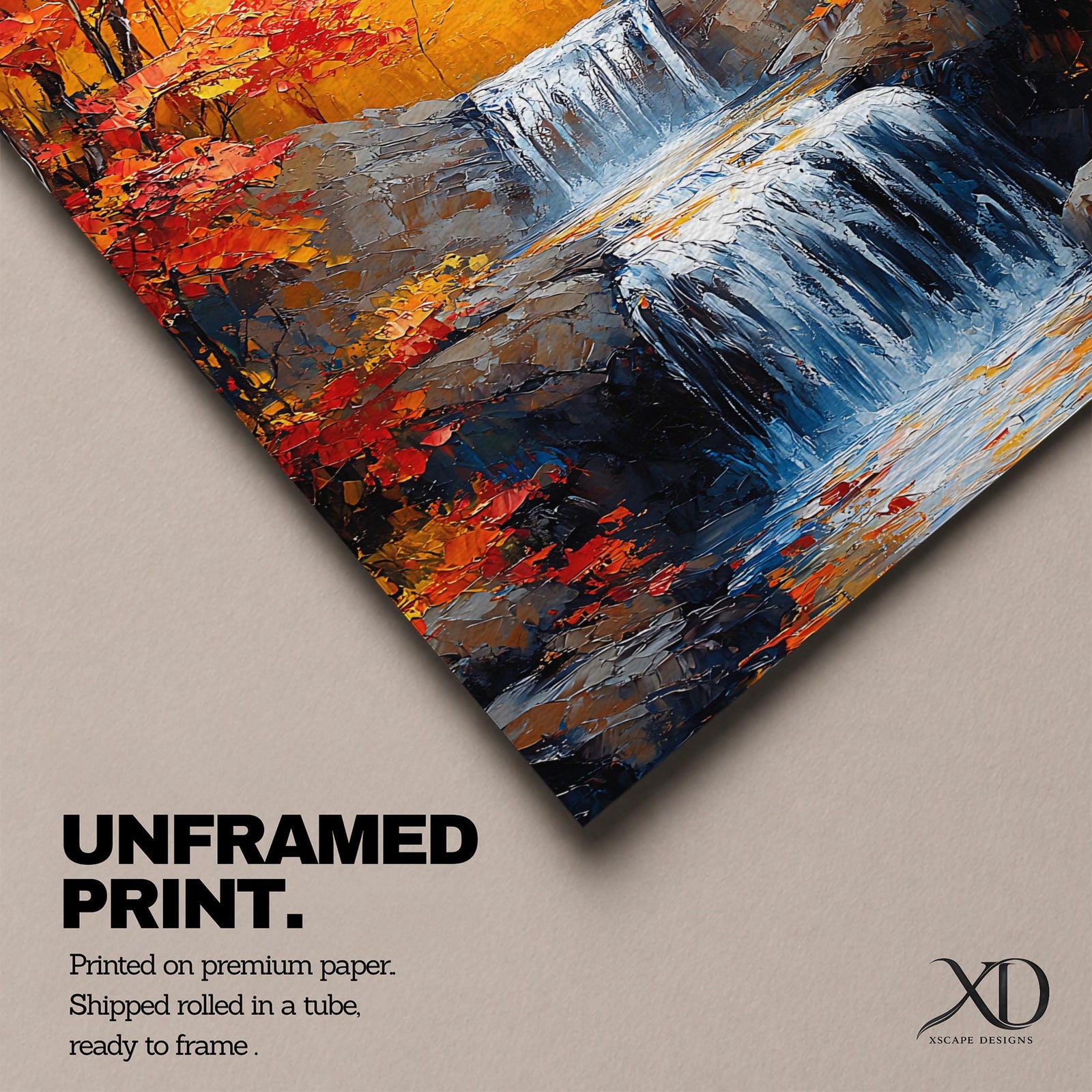 A framed canvas painting of a Autumn waterfall cascading over rocks surrounded by lush fall forest foliage, rendered in a realistic style with detailed water flow and natural elements, capturing the serene beauty of a fall forest landscape.