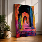 Colorful abstract painting of a mosque corridor with repeating Moorish arches forming a long architectural hallway, rendered in vibrant reds, blues, yellows, and pinks with expressive brush textures and dramatic depth perspective.