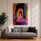 Colorful abstract painting of a mosque corridor with repeating Moorish arches forming a long architectural hallway, rendered in vibrant reds, blues, yellows, and pinks with expressive brush textures and dramatic depth perspective.