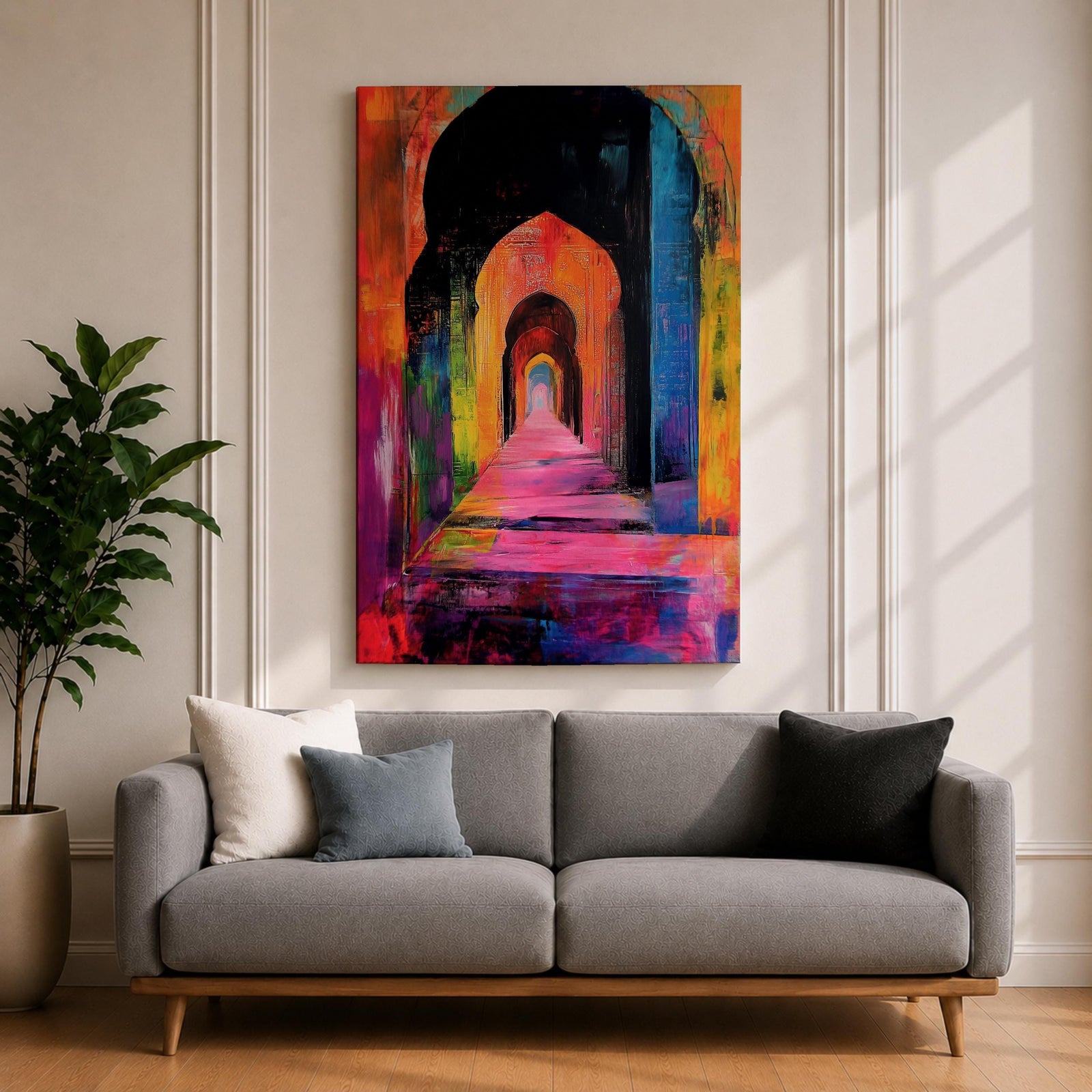 Colorful abstract painting of a mosque corridor with repeating Moorish arches forming a long architectural hallway, rendered in vibrant reds, blues, yellows, and pinks with expressive brush textures and dramatic depth perspective.