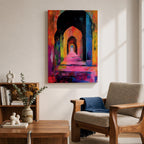 Colorful abstract painting of a mosque corridor with repeating Moorish arches forming a long architectural hallway, rendered in vibrant reds, blues, yellows, and pinks with expressive brush textures and dramatic depth perspective.