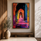 Colorful abstract painting of a mosque corridor with repeating Moorish arches forming a long architectural hallway, rendered in vibrant reds, blues, yellows, and pinks with expressive brush textures and dramatic depth perspective.