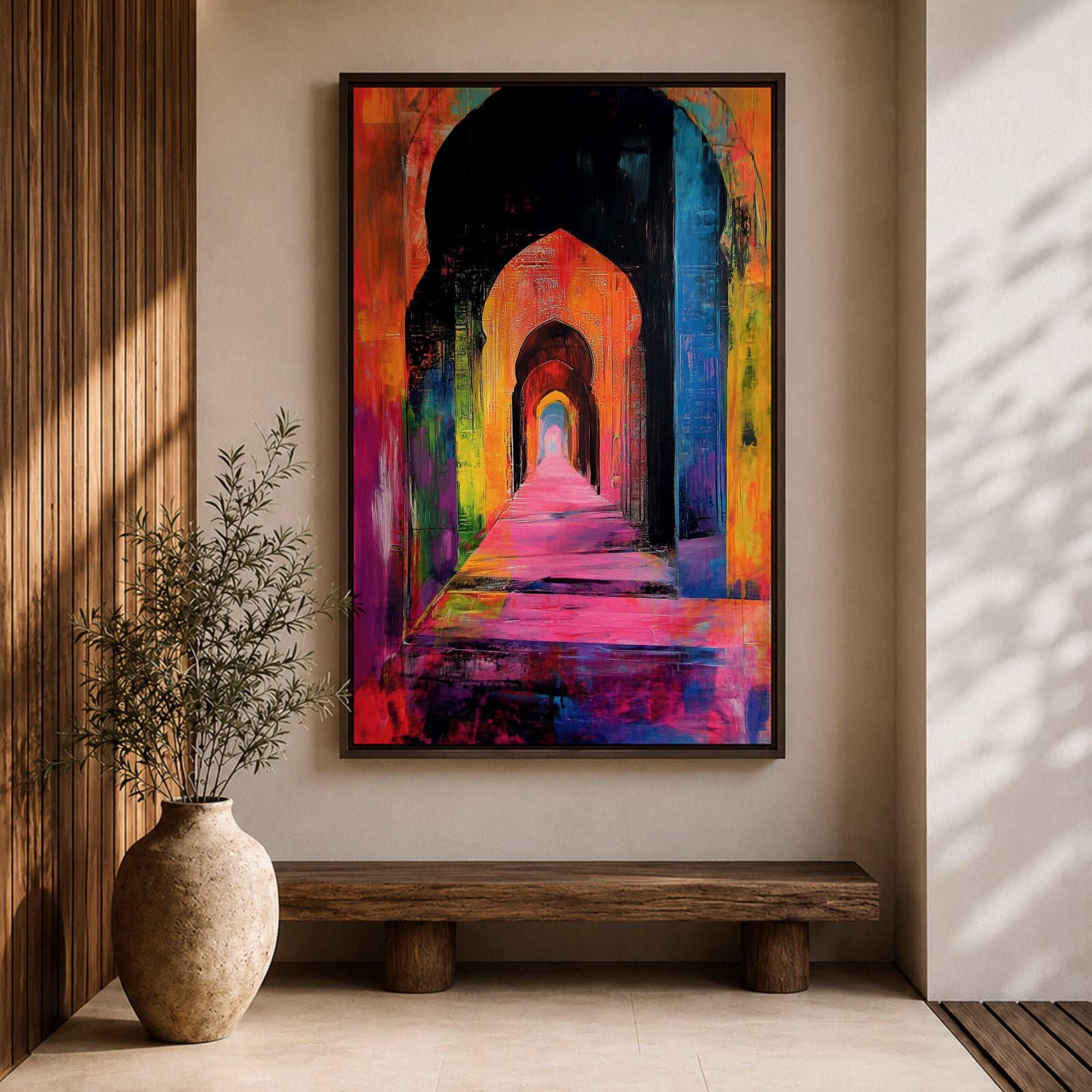 Colorful abstract painting of a mosque corridor with repeating Moorish arches forming a long architectural hallway, rendered in vibrant reds, blues, yellows, and pinks with expressive brush textures and dramatic depth perspective.