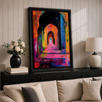 Colorful abstract painting of a mosque corridor with repeating Moorish arches forming a long architectural hallway, rendered in vibrant reds, blues, yellows, and pinks with expressive brush textures and dramatic depth perspective.