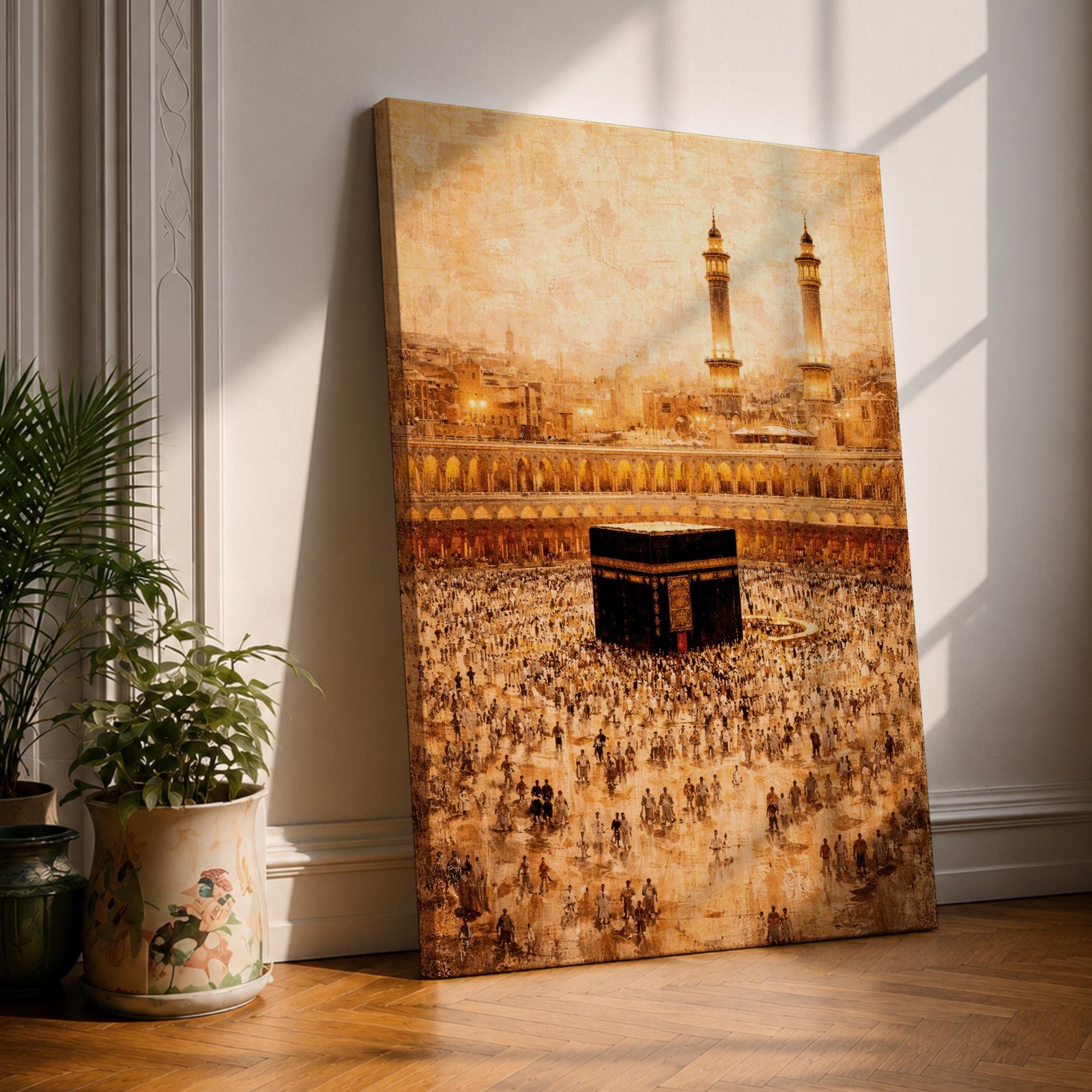 Vintage-style artwork of the Kaaba at Masjid Al Haram in Mecca surrounded by thousands of pilgrims performing tawaf during Hajj pilgrimage with glowing golden mosque architecture and tall minarets.