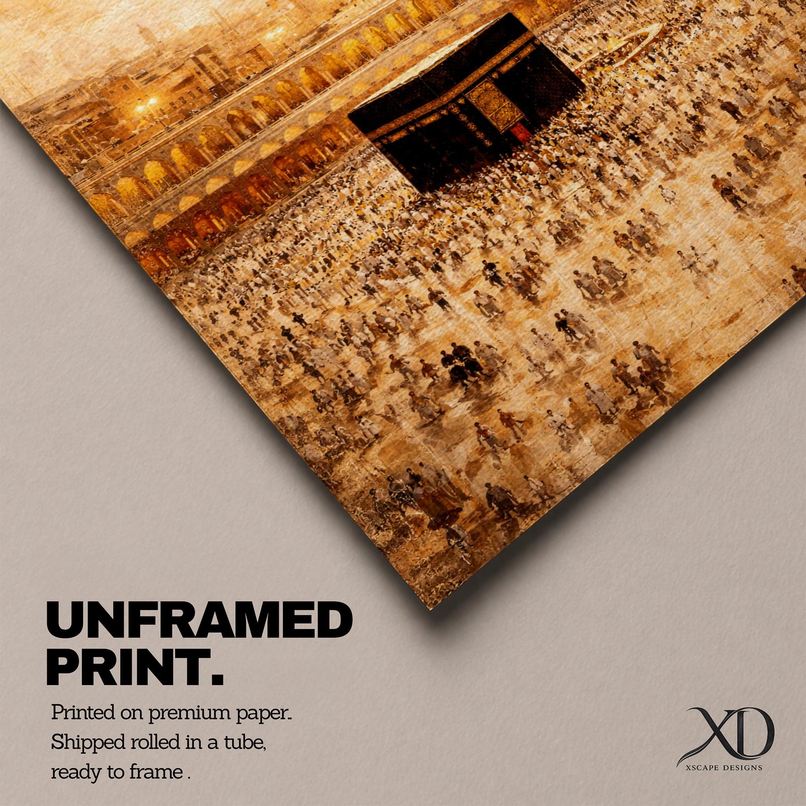 Vintage-style artwork of the Kaaba at Masjid Al Haram in Mecca surrounded by thousands of pilgrims performing tawaf during Hajj pilgrimage with glowing golden mosque architecture and tall minarets.
