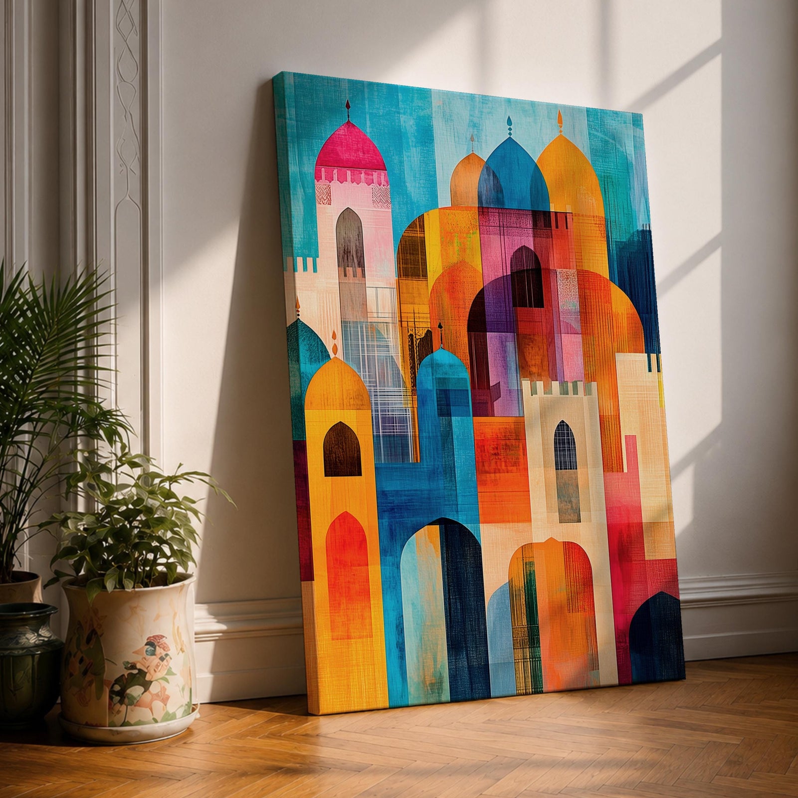 Colorful abstract artwork featuring layered mosque domes, arches, and minarets in vibrant blue, orange, red, and yellow tones, forming a stylized Islamic architectural skyline.