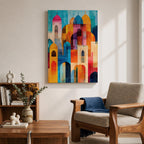 Colorful abstract artwork featuring layered mosque domes, arches, and minarets in vibrant blue, orange, red, and yellow tones, forming a stylized Islamic architectural skyline.