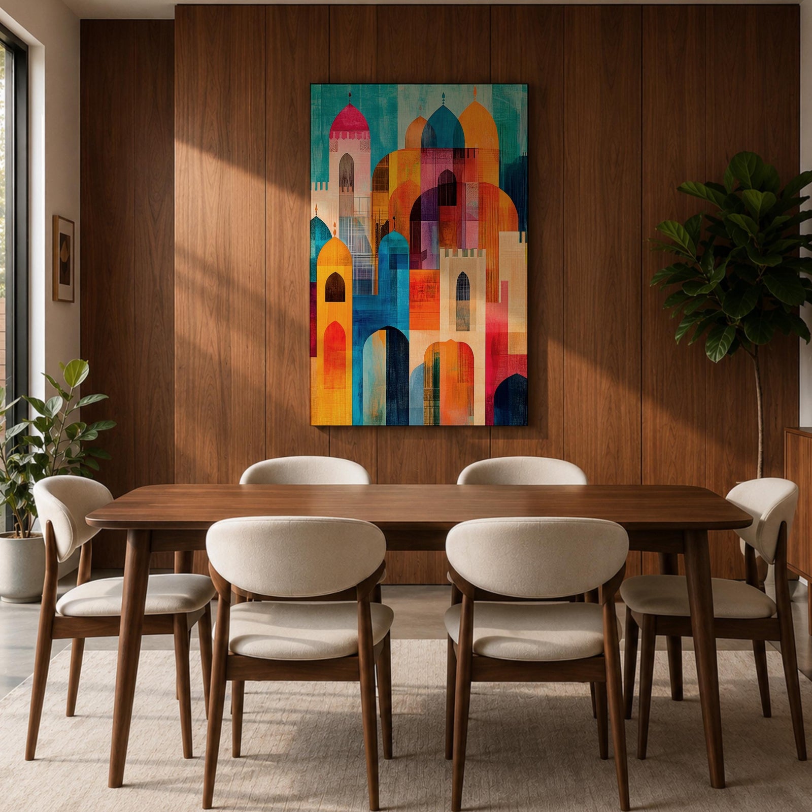 Colorful abstract artwork featuring layered mosque domes, arches, and minarets in vibrant blue, orange, red, and yellow tones, forming a stylized Islamic architectural skyline.