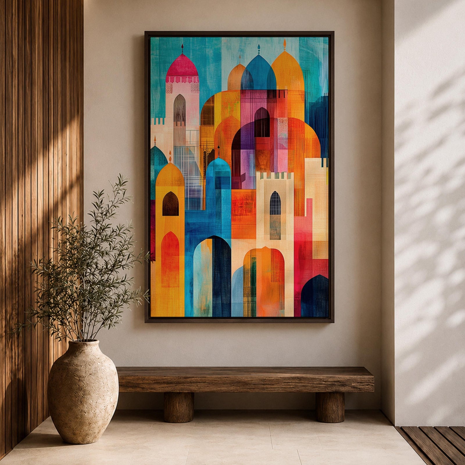 Colorful abstract artwork featuring layered mosque domes, arches, and minarets in vibrant blue, orange, red, and yellow tones, forming a stylized Islamic architectural skyline.