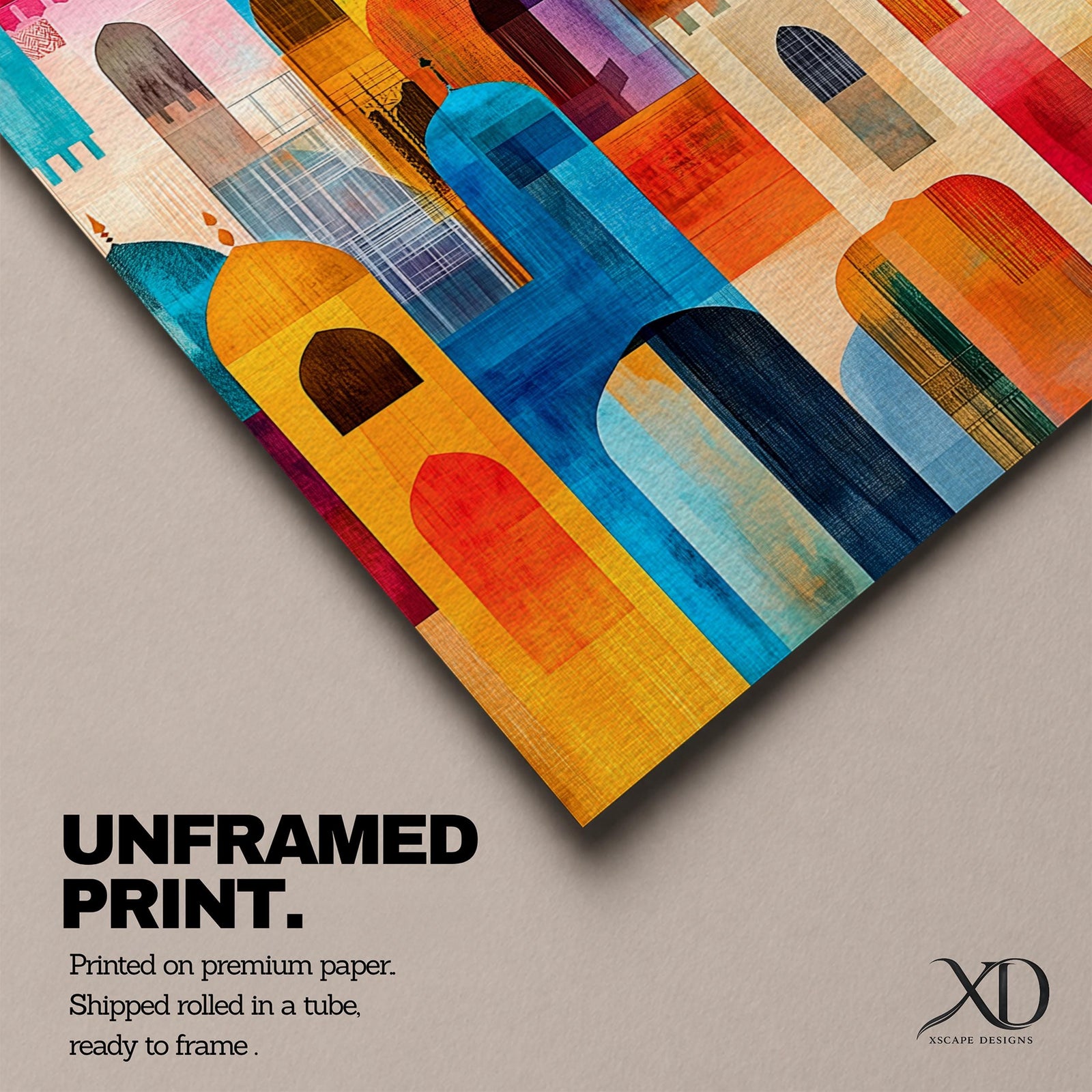 Colorful abstract artwork featuring layered mosque domes, arches, and minarets in vibrant blue, orange, red, and yellow tones, forming a stylized Islamic architectural skyline.