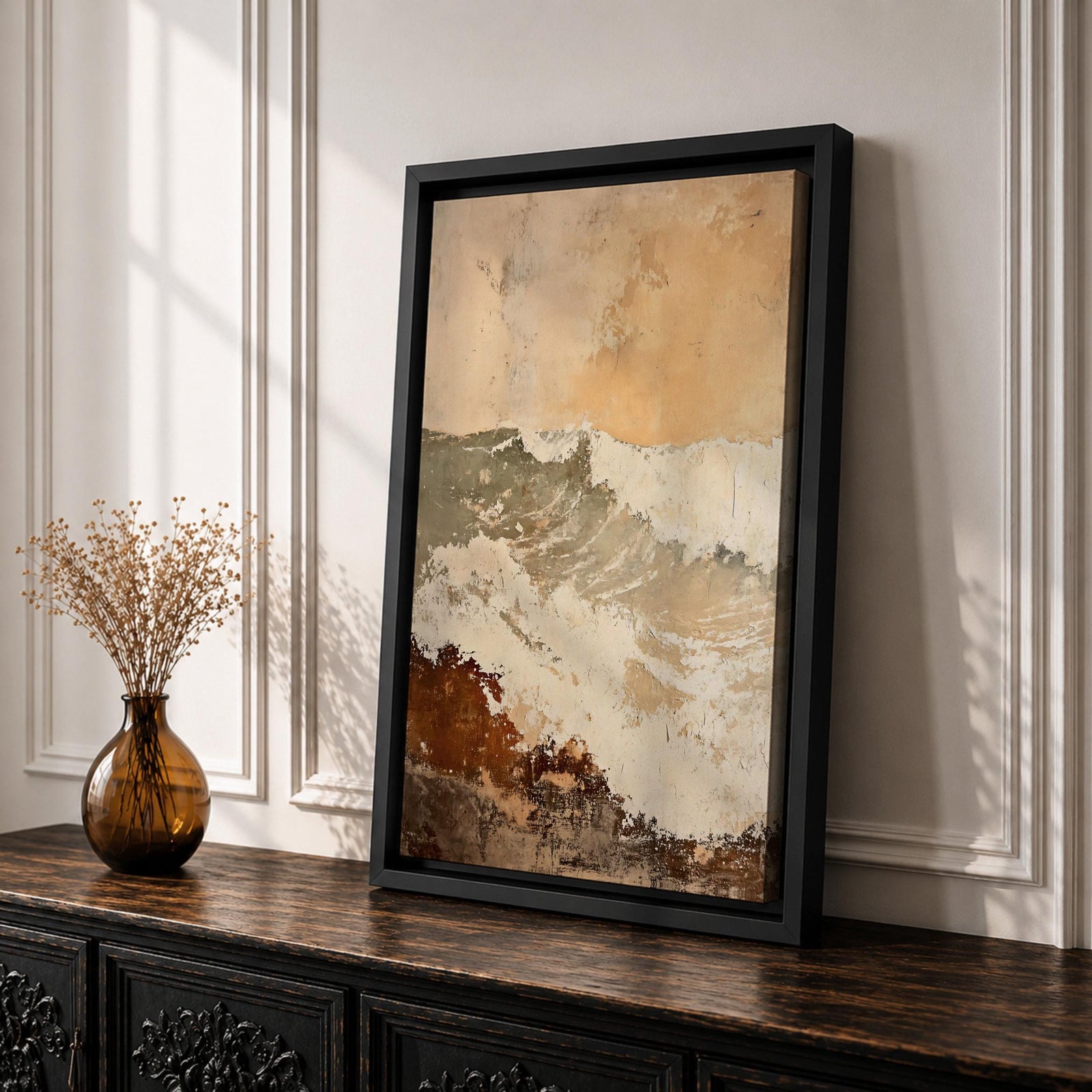 A framed canvas artwork depicting a coastal wave in abstract style with textured brush strokes and rustic elements, capturing the dynamic motion of ocean waves with layered earthy tones and soft highlights.