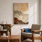 A framed canvas artwork depicting a coastal wave in abstract style with textured brush strokes and rustic elements, capturing the dynamic motion of ocean waves with layered earthy tones and soft highlights.