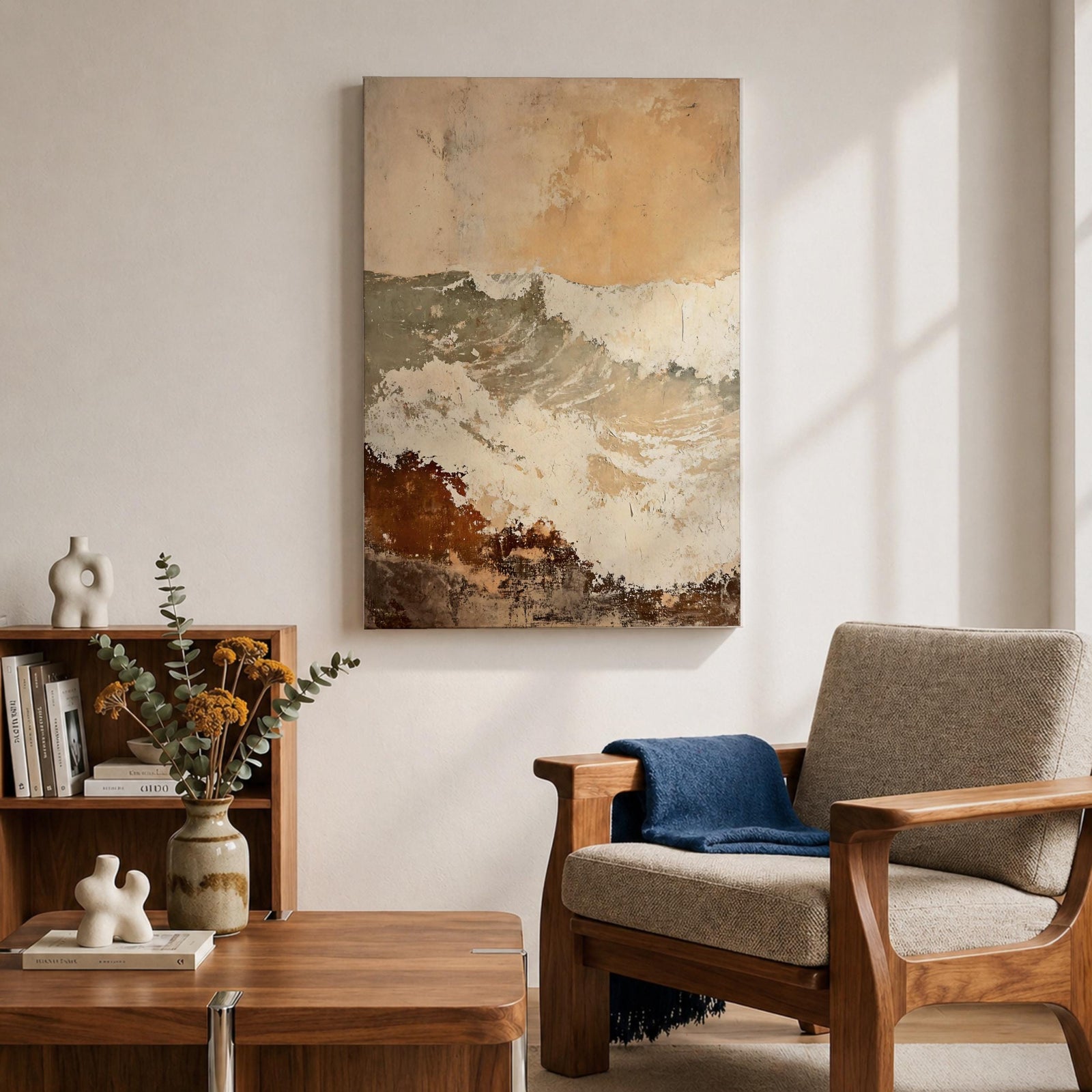 A framed canvas artwork depicting a coastal wave in abstract style with textured brush strokes and rustic elements, capturing the dynamic motion of ocean waves with layered earthy tones and soft highlights.