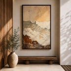 A framed canvas artwork depicting a coastal wave in abstract style with textured brush strokes and rustic elements, capturing the dynamic motion of ocean waves with layered earthy tones and soft highlights.