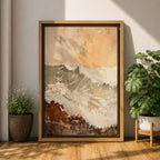 A framed canvas artwork depicting a coastal wave in abstract style with textured brush strokes and rustic elements, capturing the dynamic motion of ocean waves with layered earthy tones and soft highlights.