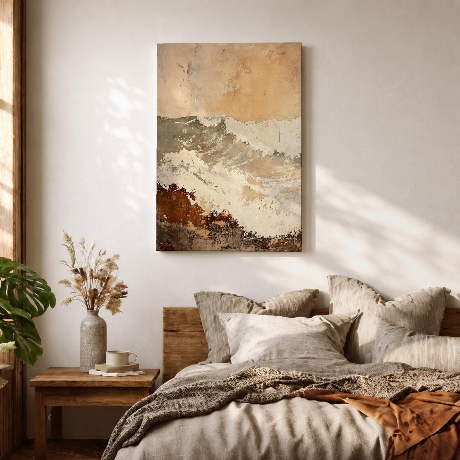 A framed canvas artwork depicting a coastal wave in abstract style with textured brush strokes and rustic elements, capturing the dynamic motion of ocean waves with layered earthy tones and soft highlights.