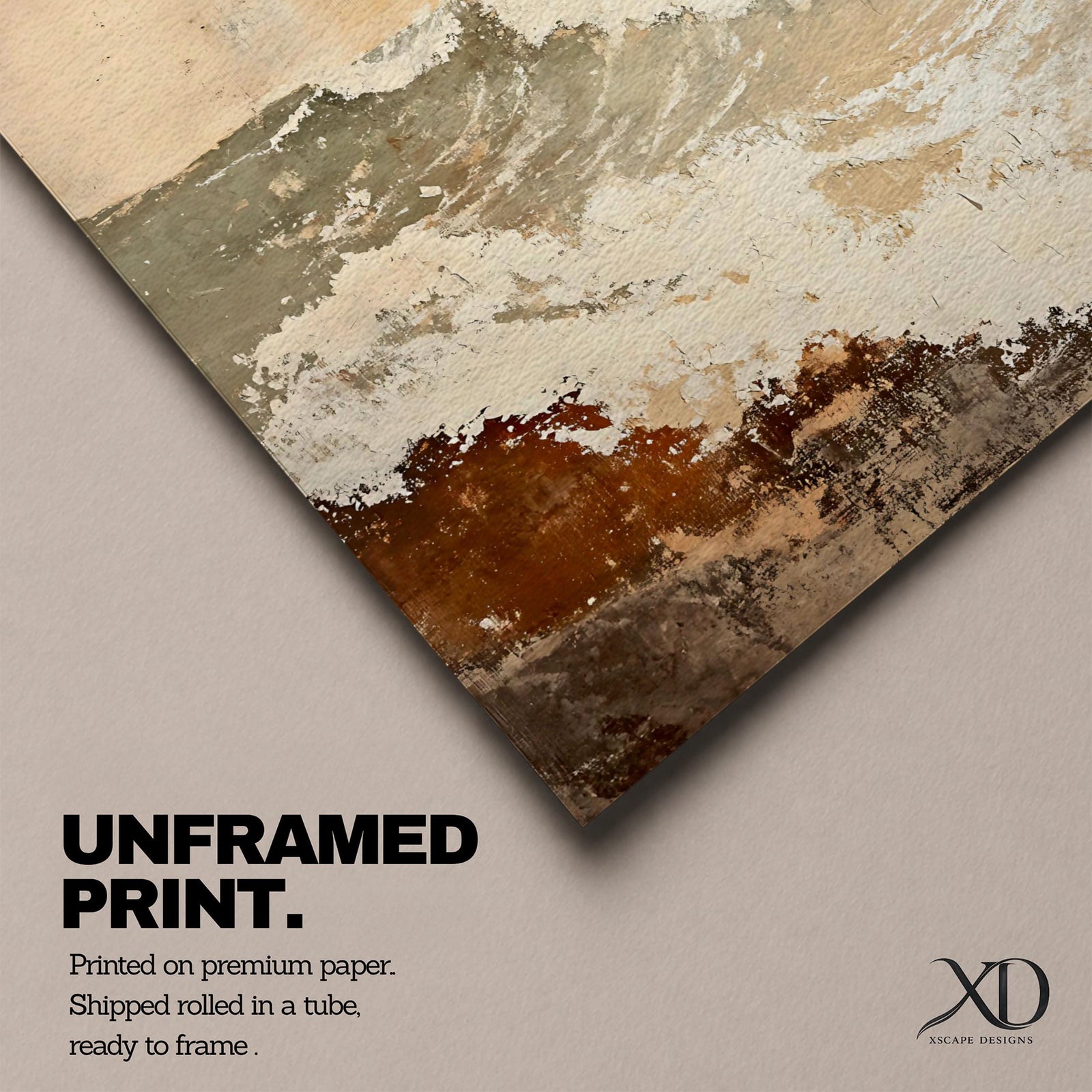 A framed canvas artwork depicting a coastal wave in abstract style with textured brush strokes and rustic elements, capturing the dynamic motion of ocean waves with layered earthy tones and soft highlights.