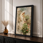 Soft vintage style painting of the Virgin Mary standing in prayer beside blooming garden flowers, wearing a white veil and robe while gently holding a small blossom, surrounded by pastel greenery and delicate pink flowers in a serene devotional garden scene.
