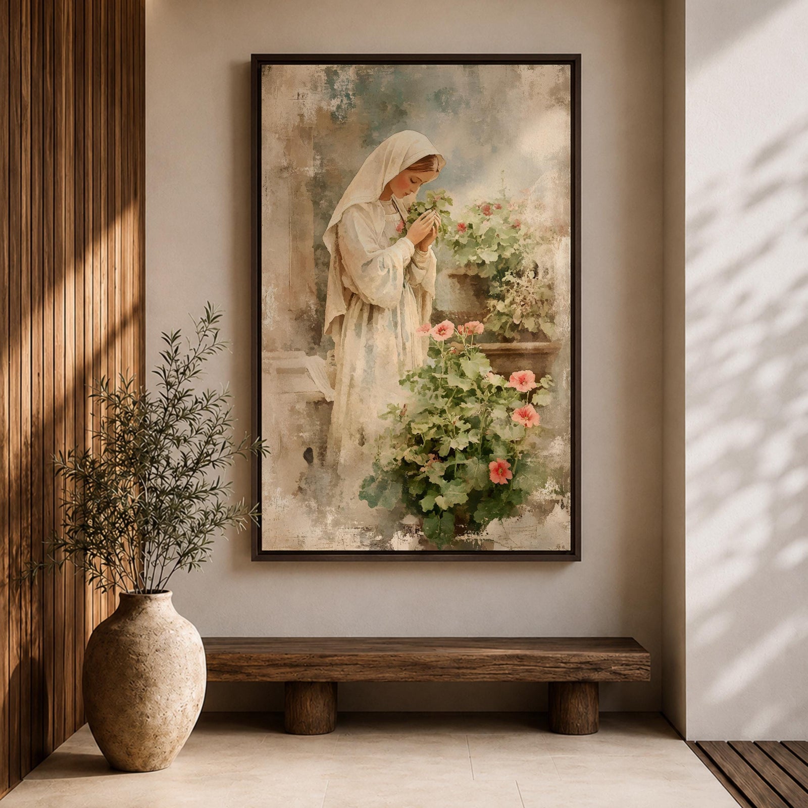 Soft vintage style painting of the Virgin Mary standing in prayer beside blooming garden flowers, wearing a white veil and robe while gently holding a small blossom, surrounded by pastel greenery and delicate pink flowers in a serene devotional garden scene.