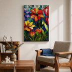 This artwork features a vibrant stained glass style composition of various flowers including daisies and tulips with rich green leaves and a blue background. The design mimics colorful glass panels pieced together to create a botanical floral scene with bold outlines and vivid colors.