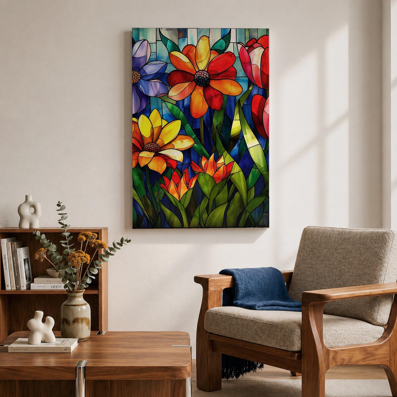 This artwork features a vibrant stained glass style composition of various flowers including daisies and tulips with rich green leaves and a blue background. The design mimics colorful glass panels pieced together to create a botanical floral scene with bold outlines and vivid colors.