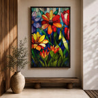 This artwork features a vibrant stained glass style composition of various flowers including daisies and tulips with rich green leaves and a blue background. The design mimics colorful glass panels pieced together to create a botanical floral scene with bold outlines and vivid colors.