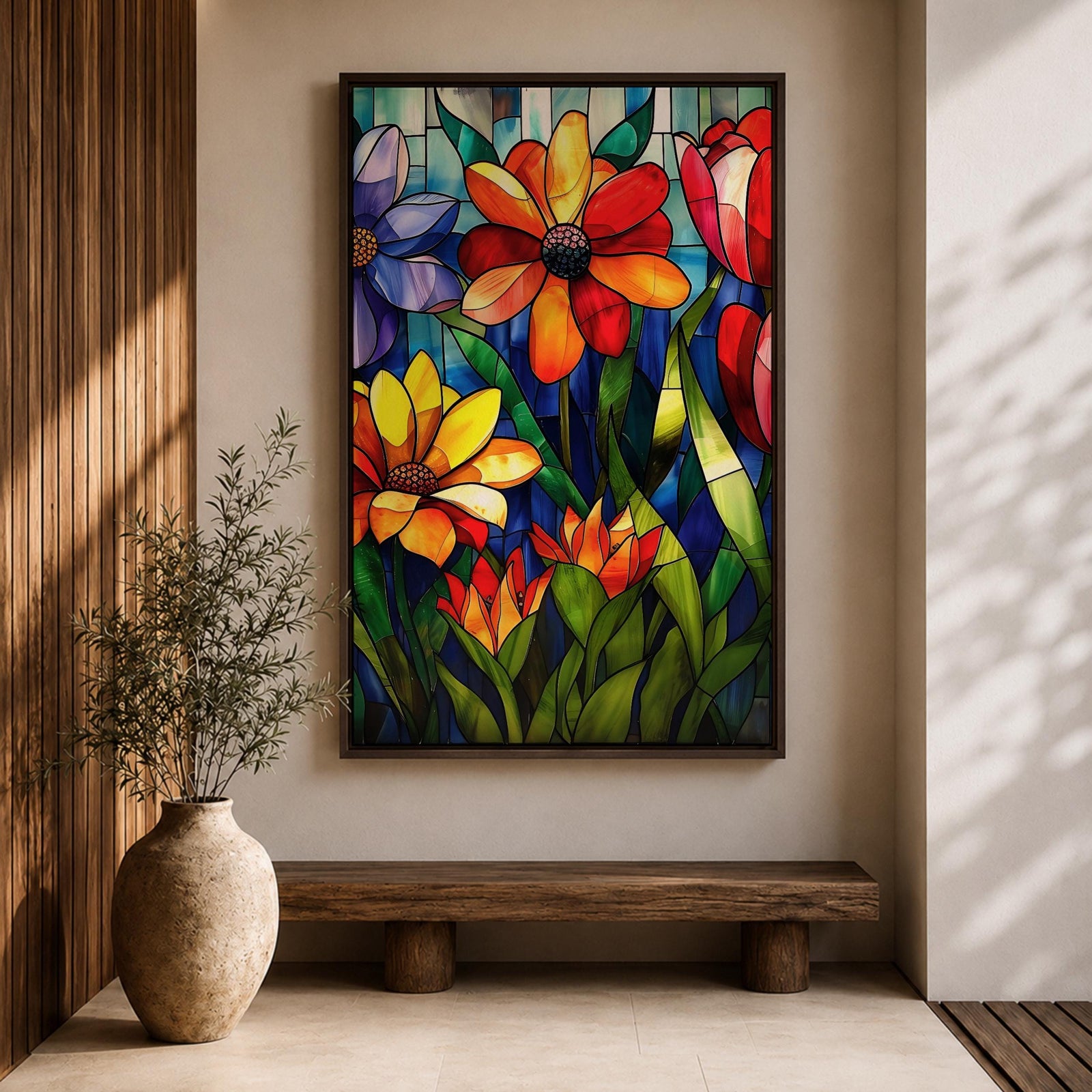 This artwork features a vibrant stained glass style composition of various flowers including daisies and tulips with rich green leaves and a blue background. The design mimics colorful glass panels pieced together to create a botanical floral scene with bold outlines and vivid colors.