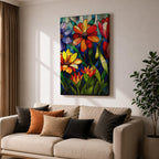 This artwork features a vibrant stained glass style composition of various flowers including daisies and tulips with rich green leaves and a blue background. The design mimics colorful glass panels pieced together to create a botanical floral scene with bold outlines and vivid colors.