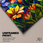 This artwork features a vibrant stained glass style composition of various flowers including daisies and tulips with rich green leaves and a blue background. The design mimics colorful glass panels pieced together to create a botanical floral scene with bold outlines and vivid colors.