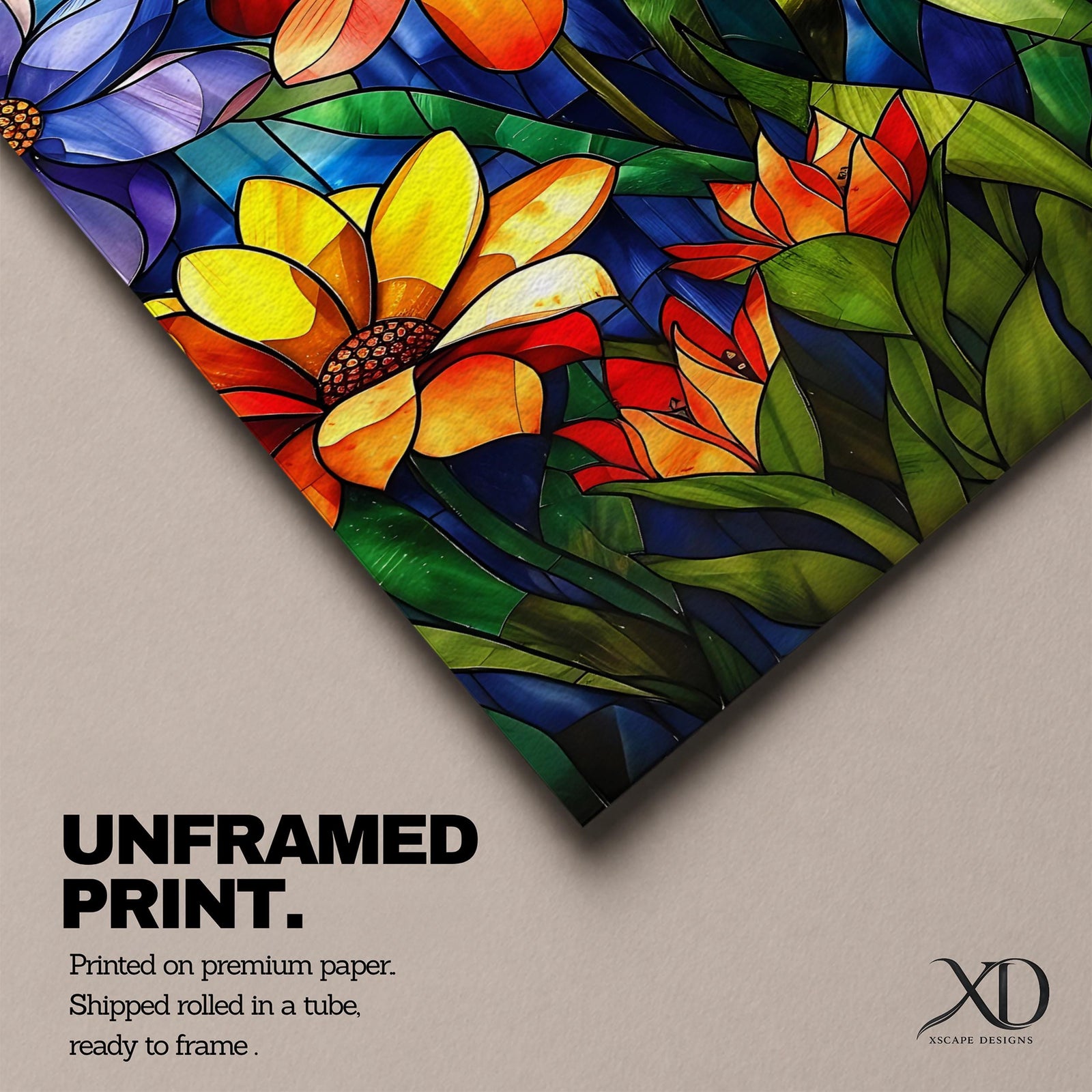 This artwork features a vibrant stained glass style composition of various flowers including daisies and tulips with rich green leaves and a blue background. The design mimics colorful glass panels pieced together to create a botanical floral scene with bold outlines and vivid colors.