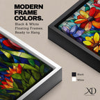 This artwork features a vibrant stained glass style composition of various flowers including daisies and tulips with rich green leaves and a blue background. The design mimics colorful glass panels pieced together to create a botanical floral scene with bold outlines and vivid colors.