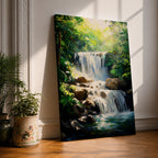 A framed canvas painting of a tropical waterfall cascading over rocks surrounded by lush green forest foliage, rendered in a realistic style with detailed water flow and vibrant natural elements, capturing the serene beauty of a forest landscape.