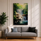 A framed canvas painting of a tropical waterfall cascading over rocks surrounded by lush green forest foliage, rendered in a realistic style with detailed water flow and vibrant natural elements, capturing the serene beauty of a forest landscape.