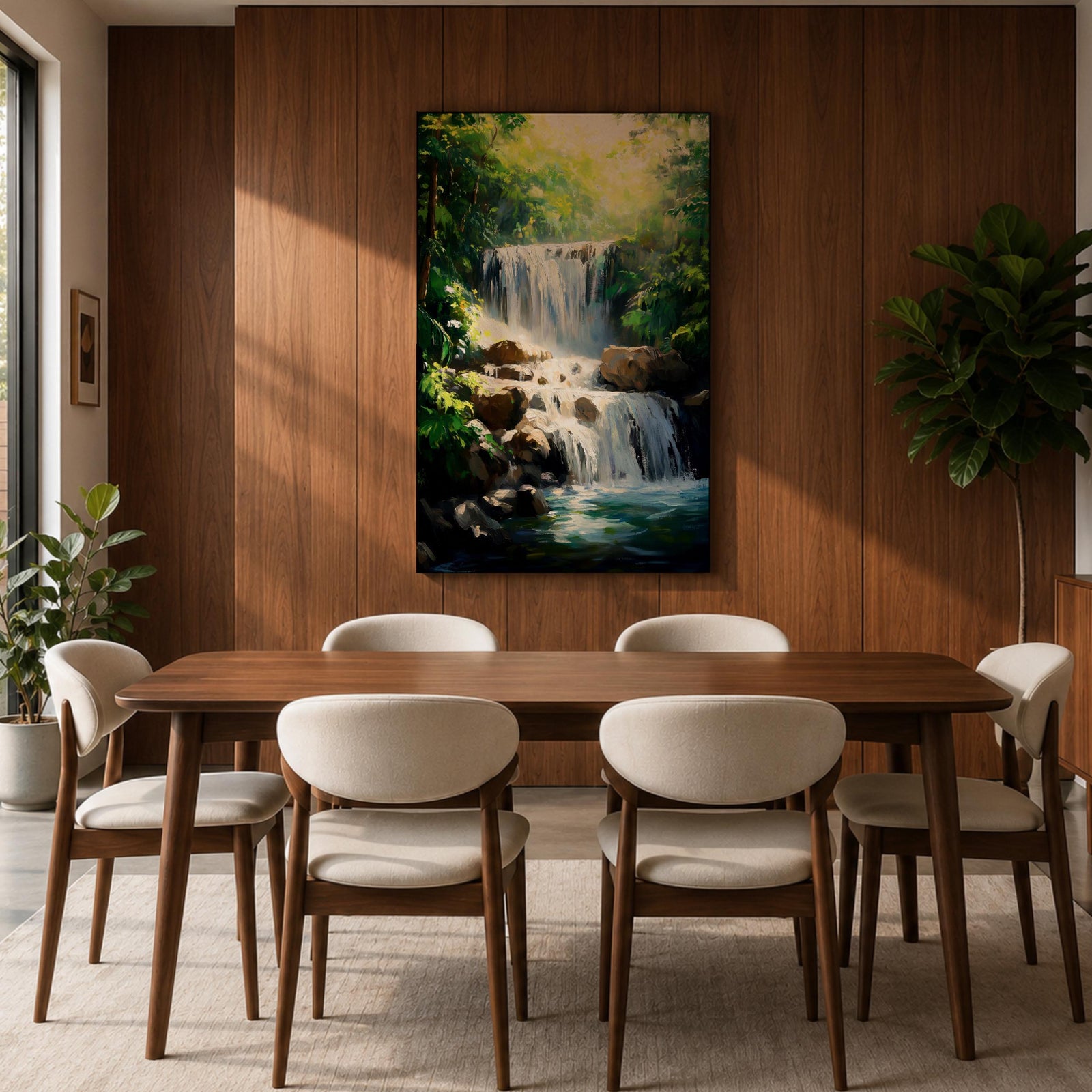 A framed canvas painting of a tropical waterfall cascading over rocks surrounded by lush green forest foliage, rendered in a realistic style with detailed water flow and vibrant natural elements, capturing the serene beauty of a forest landscape.
