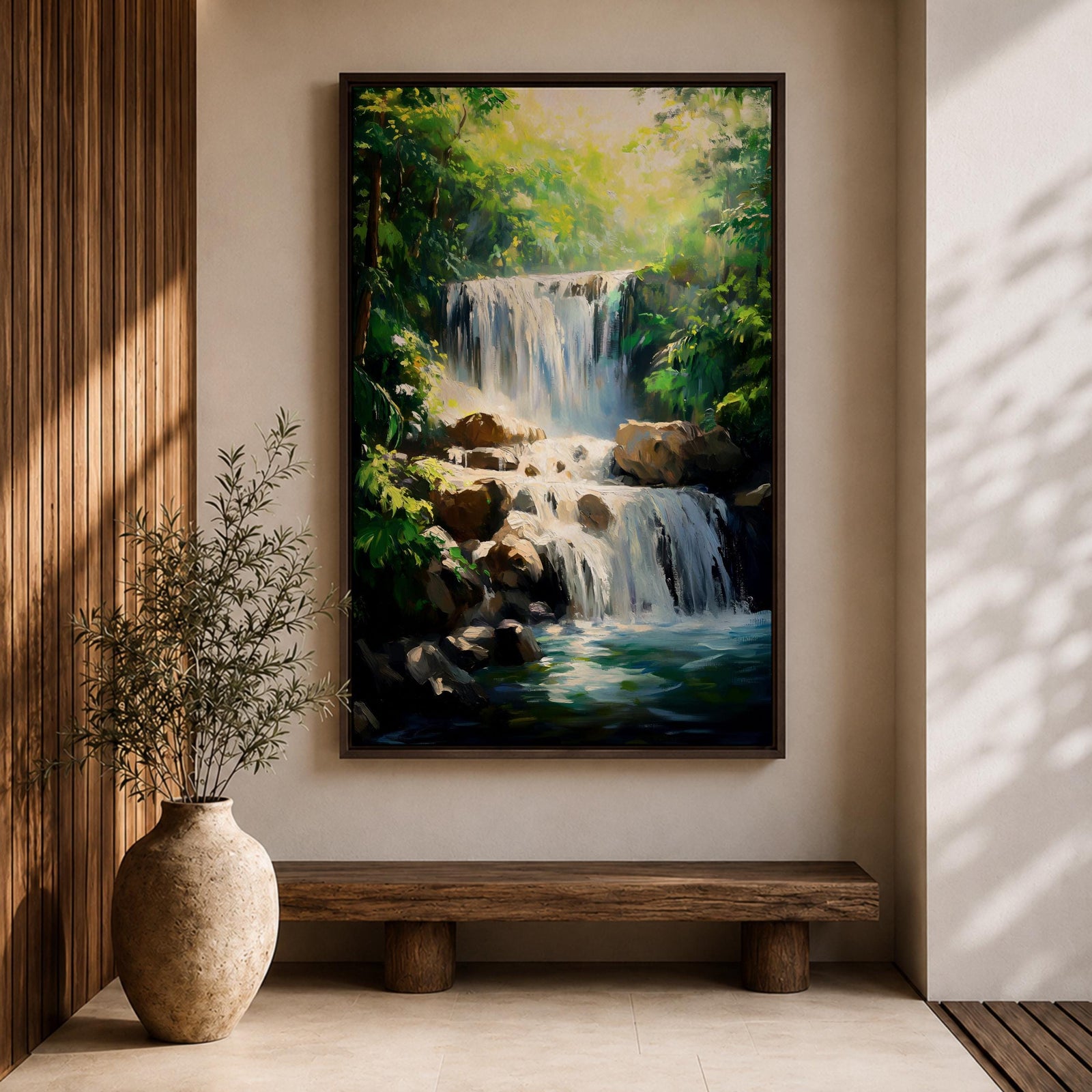 A framed canvas painting of a tropical waterfall cascading over rocks surrounded by lush green forest foliage, rendered in a realistic style with detailed water flow and vibrant natural elements, capturing the serene beauty of a forest landscape.