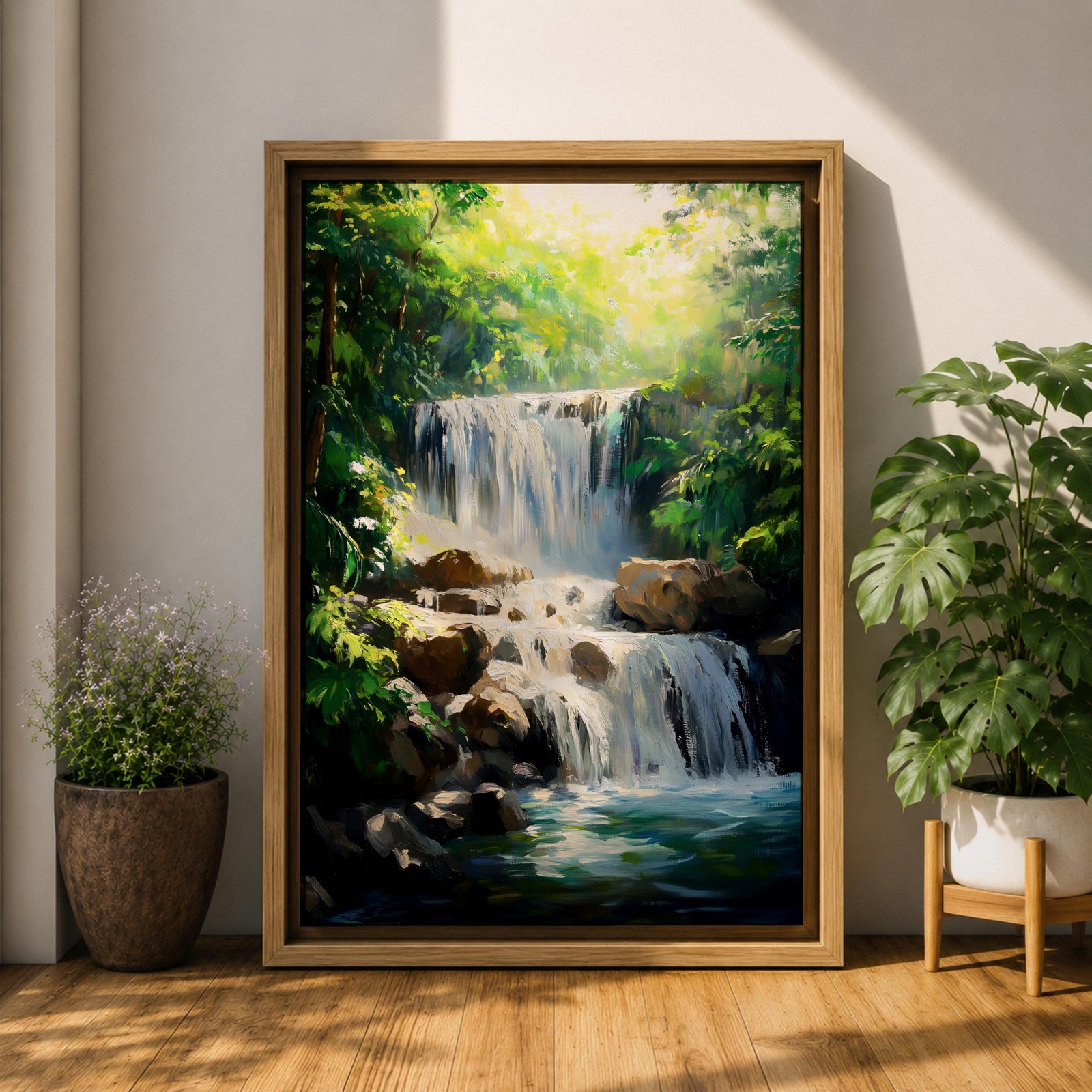 A framed canvas painting of a tropical waterfall cascading over rocks surrounded by lush green forest foliage, rendered in a realistic style with detailed water flow and vibrant natural elements, capturing the serene beauty of a forest landscape.