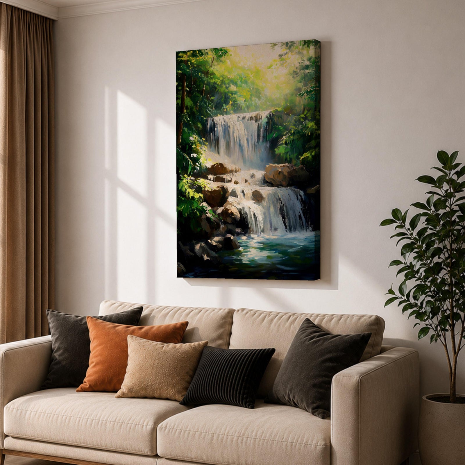 A framed canvas painting of a tropical waterfall cascading over rocks surrounded by lush green forest foliage, rendered in a realistic style with detailed water flow and vibrant natural elements, capturing the serene beauty of a forest landscape.