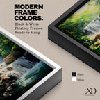 A framed canvas painting of a tropical waterfall cascading over rocks surrounded by lush green forest foliage, rendered in a realistic style with detailed water flow and vibrant natural elements, capturing the serene beauty of a forest landscape.