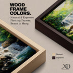 A framed canvas painting of a tropical waterfall cascading over rocks surrounded by lush green forest foliage, rendered in a realistic style with detailed water flow and vibrant natural elements, capturing the serene beauty of a forest landscape.