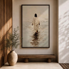 A textured impasto style painting depicting Jesus walking on water, shown from behind in a flowing robe with dark hair, stepping on a reflective water surface with ripples, rendered in neutral tones with thick brush strokes emphasizing depth and movement.